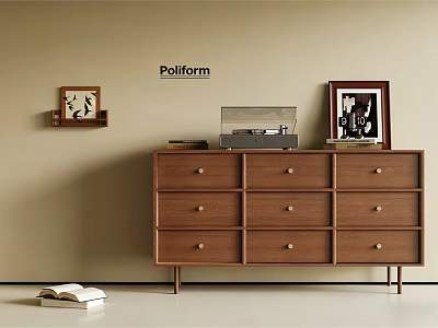 Modern Wooden Console Cabinet With Drawers Metal Legs Decorative Frames And Record Player 3d model
