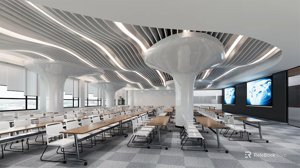 Modern Conference Room Interior Design With Long Tables Comfortable Chairs And Large Wall Screens 3d model 