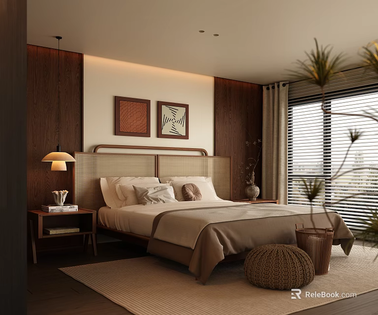 Modern Bedroom Interior Design With Wicker Headboard Nightstand Lamp Decorative Paintings And Potted Plants 3d model 