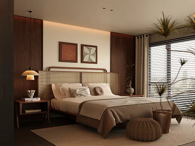 Modern Bedroom Interior Design With Wicker Headboard Nightstand Lamp Decorative Paintings And Potted Plants 3d model