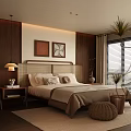 Modern Bedroom Interior Design With Wicker Headboard Nightstand Lamp Decorative Paintings And Potted Plants