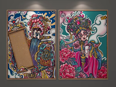 Vibrant Peking Opera Style Figure Paintings With Ornate Headdresses Peony Flowers And Scroll 3d model