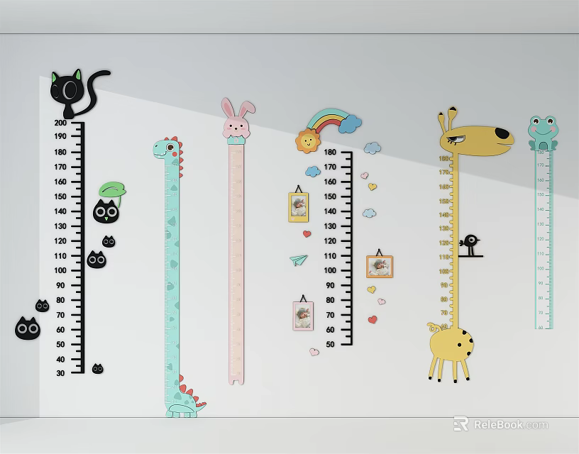 Cartoon Animal Height Chart Wall Decor With Giraffe Rabbit Cat Rainbow And Clouds 3d model
