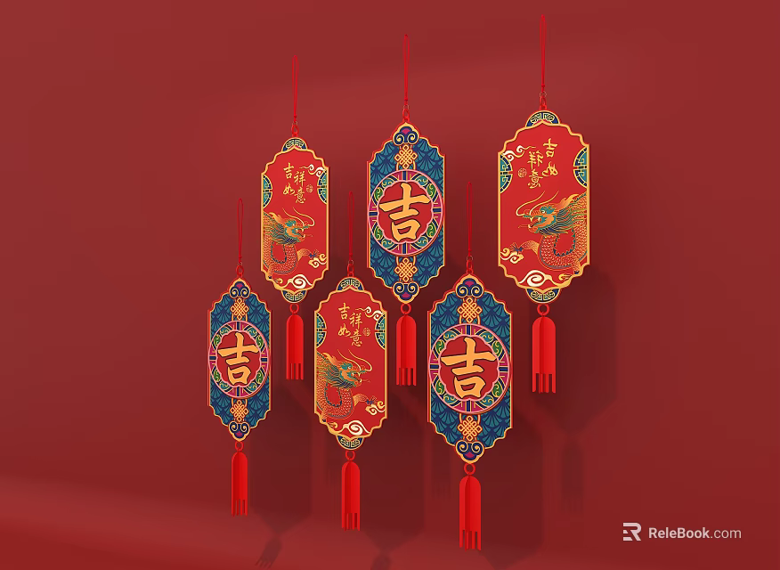 Chinese Traditional Festive Lanterns With Ji Character Patterns And Tassels On Red Background 3d model 