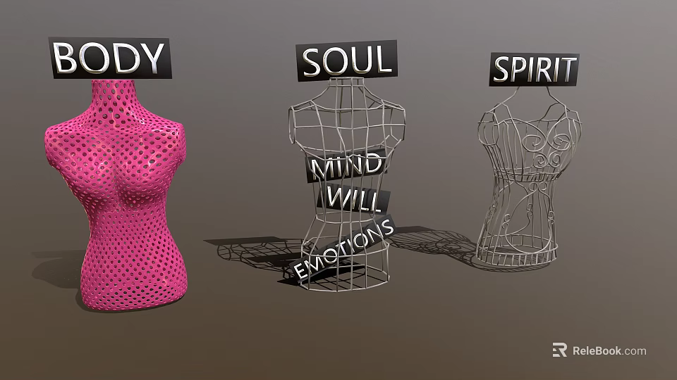 Decorative Dress Forms With Pink Silver Structures And Body Soul Spirit Labels 3d model 