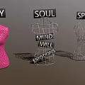Decorative Dress Forms With Pink Silver Structures And Body Soul Spirit Labels