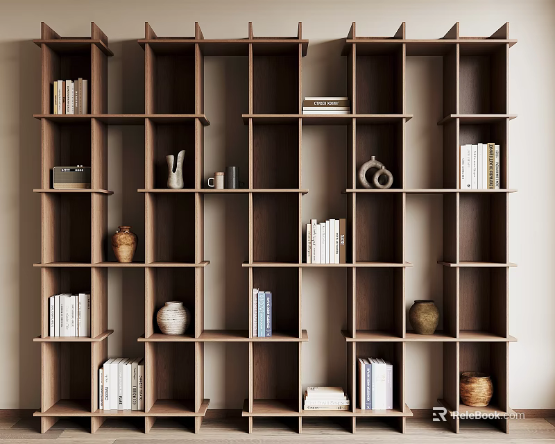 Modern Open Wooden Shelving Unit With Multiple Compartments Holding Books And Decorative Items 3d model 