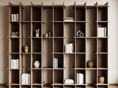 Modern Open Wooden Shelving Unit With Multiple Compartments Holding Books And Decorative Items 3d model