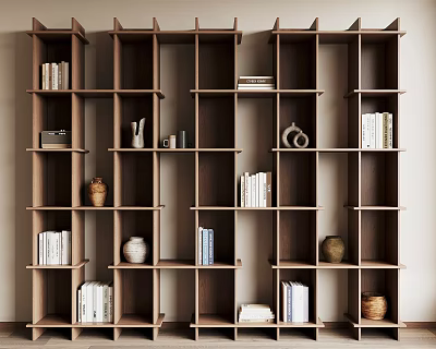 Modern Open Wooden Shelving Unit With Multiple Compartments Holding Books And Decorative Items 3d model