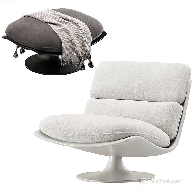 Modern Gray and Beige Fabric Upholstered Lounge Chair with Curved Design and Throw Blanket 3d model 