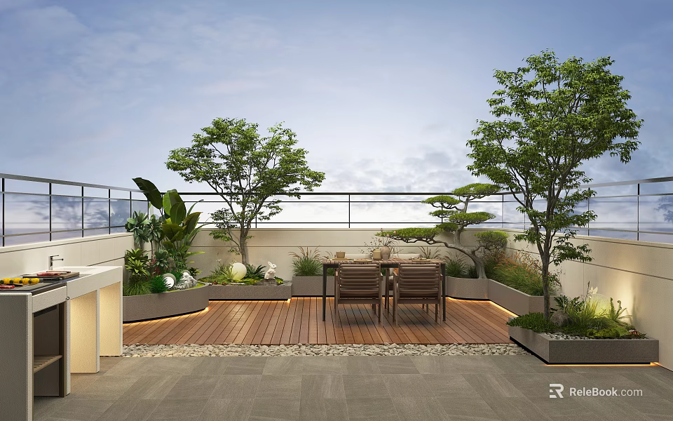 Modern Roof Garden Design With Wooden Deck Outdoor Kitchen Table Chairs Trees And Plants 3d model 