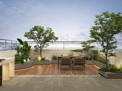 Modern Roof Garden Design With Wooden Deck Outdoor Kitchen Table Chairs Trees And Plants 3d model