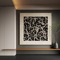 Abstract Painting With Black White Patterns Framed On Modern Interior Wall With Plant