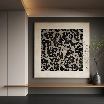 Abstract Painting With Black White Patterns Framed On Modern Interior Wall With Plant 3d model