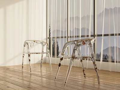 Transparent Single Chair With Sunlight Floor to Ceiling Windows Mountain View and Wooden Floor 3d model