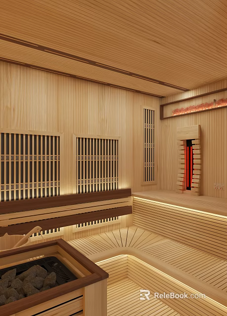 Wooden Sauna Interior Design With Wooden Walls Ceiling Grilles Seating Area And Warm Lighting 3d model 