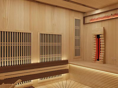 Wooden Sauna Interior Design With Wooden Walls Ceiling Grilles Seating Area And Warm Lighting 3d model