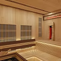 Wooden Sauna Interior Design With Wooden Walls Ceiling Grilles Seating Area And Warm Lighting