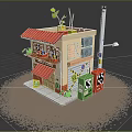Cartoon Storefront Scene With Red Awning Roof Potted Plants Street Lamp And Vending Machines