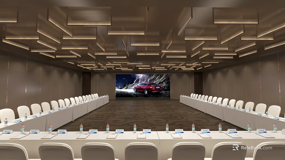 Conference Room Interior With Long Tables White Chairs And Large Projection Screen 3d model 