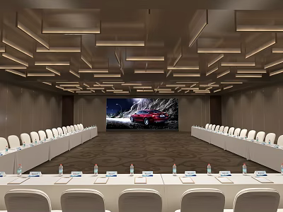 Conference Room Interior With Long Tables White Chairs And Large Projection Screen 3d model