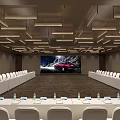Conference Room Interior With Long Tables White Chairs And Large Projection Screen