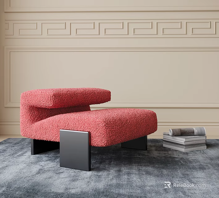 Red Fuzzy Ottoman With Black Legs On Gray Rug And Stacked Magazines 3d model 