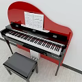Black Piano With Music Sheet And Black Bench On Light Wooden Floor Red Background