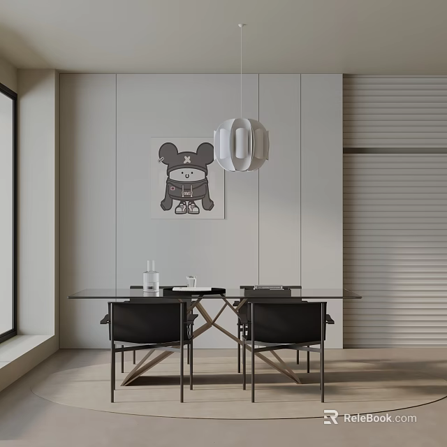 Modern Dining Table Set With Glass Top Black Chairs Hanging Lamp And Wall Decorative Artwork 3d model 