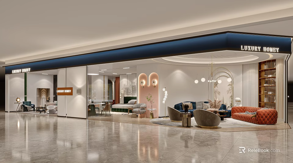 Luxury Modern Interior Space With Sofa Chairs Pendant Lights And Marble Floor 3d model 