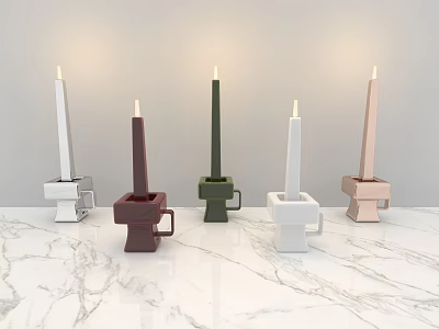 Stylish Modern Geometric Candle Lamps In Multiple Colors On Marble Tabletop 3d model