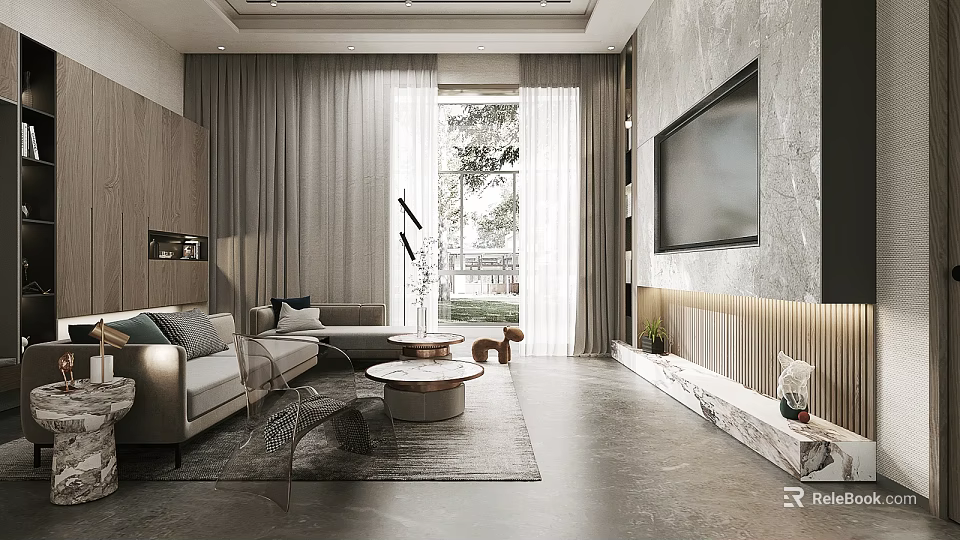 Modern Living Room Interior Design With Sofa Coffee Table TV And Marble Wall 3d model 