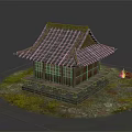 Traditional Japanese Architecture With Wooden Structure Green Tile Roof And Stone Base