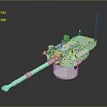 Green Tank Turret Weapon with Long Barrel Antenna and Metal Base on Dark Background