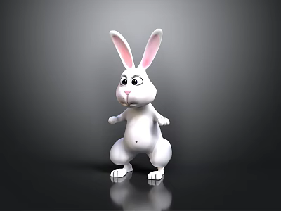White Rabbit 3D Model In Standing Pose With Long Ears Gray Background And Reflective Surface 3d model
