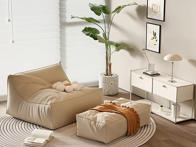 Cozy Beige Lazy Sofa With Ottoman Blanket Round Rug Large Plant And White Blinds 3d model