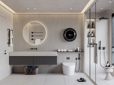Modern Bathroom Interior Design With Circular Backlit Mirror Vertical Striped Wall Vanity And Shower Area 3d model