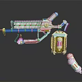 Futuristic Silver Weapon with Red Details and Mechanical Design alongside Companion Devices and Cylindrical Components