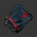 Daily Clothing Stack With Blue Jeans Red Stripes Red Logo And Dark Gray Items