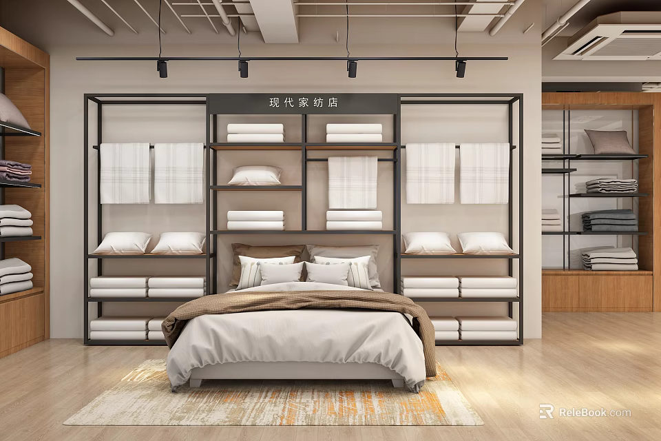 Modern Bedroom Home Furnishing Store Featuring Bed Bedding Sets And Display Shelves 3d model 