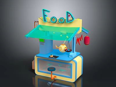 Colorful Food Stall with Yellow Blue Design Transparent Canopy and Food Sign Decorative Elements 3d model