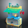Colorful Food Stall with Yellow Blue Design Transparent Canopy and Food Sign Decorative Elements