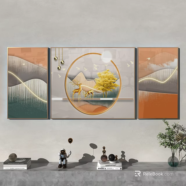 Modern Wall Art With Mountain Golden Tree Deer And Wavy Lines 3d model