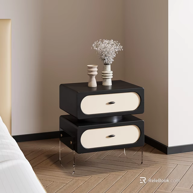 Modern Minimalist Bedside Table With Two Drawers Black Beige Metal Legs And Decorative Vase 3d model 