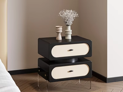 Modern Minimalist Bedside Table With Two Drawers Black Beige Metal Legs And Decorative Vase 3d model