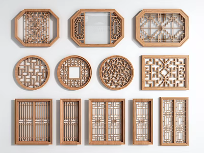 Traditional Wooden Carved Windows with Various Shapes and Intricate Patterns 3d model