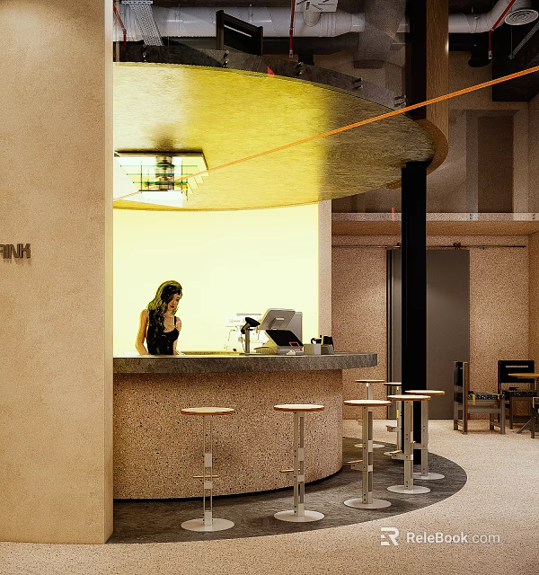 Cozy Café Interior With Counter Barista High Stools And Warm Lighting 3d model 