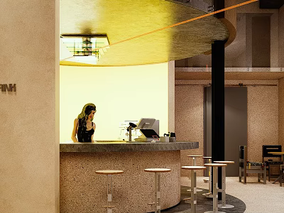 Cozy Café Interior With Counter Barista High Stools And Warm Lighting 3d model
