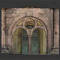 Historical Ruin Structure with Red Brown Brick Arched Portal Circular Window Columns and Weathered Details