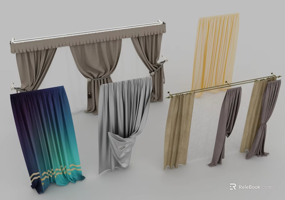 Elegant Curtains in Various Colors and Different Styles with Sheer Designs for Home Interior 3d model 